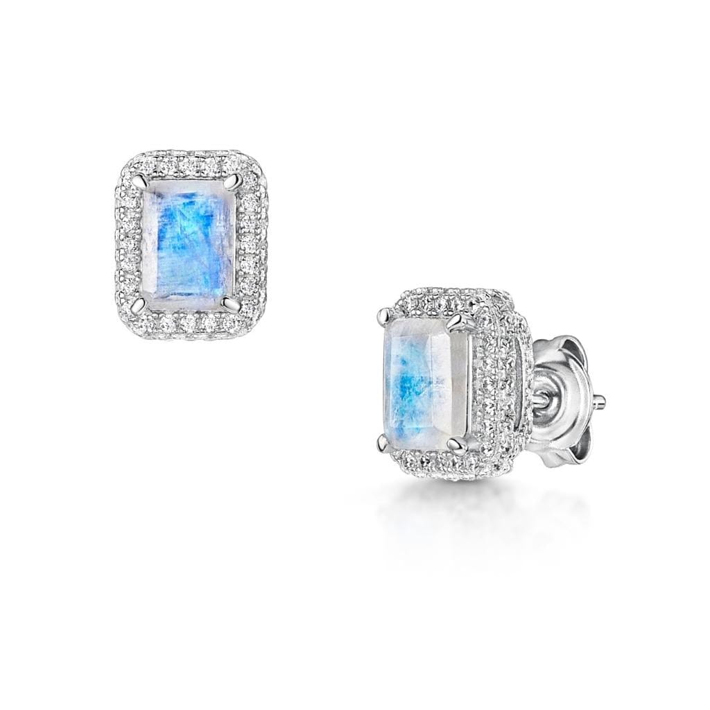 Mini Emerald Cut Rainbow Moonstone Earrings