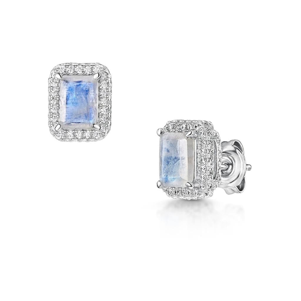 Fervor Montreal Earrings Emerald Cut Rainbow Moonstone Halo Earrings